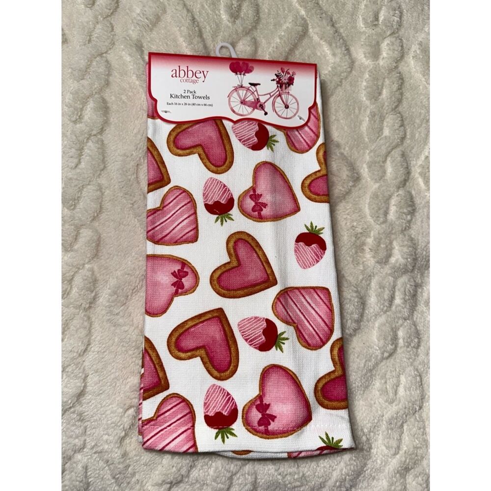 Valentine’s Day White Red Pink Tan Cookies Hearts Berries Cotton Tea Towels